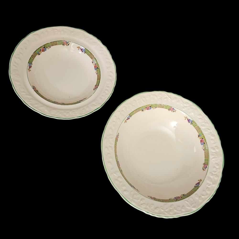 English Brambleberry Bowls Set Large Small Floral Green Rim Vintage